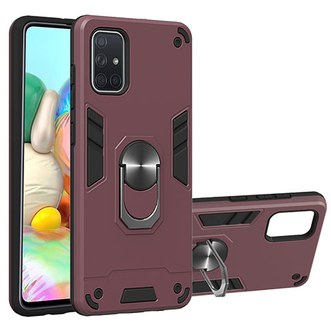 Silikon Hülle Handyhülle und Kunststoff Schutzhülle Hartschalen Tasche mit Magnetisch Fingerring Ständer S05 für Samsung Galaxy A71 5G Fuchsie