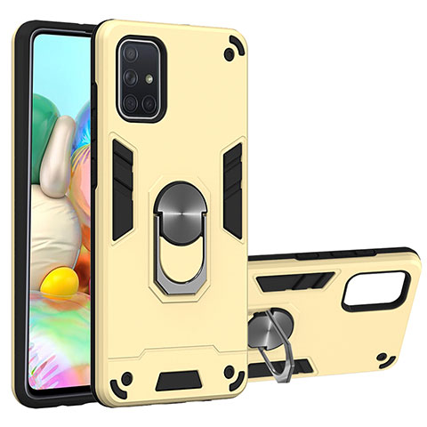 Silikon Hülle Handyhülle und Kunststoff Schutzhülle Hartschalen Tasche mit Magnetisch Fingerring Ständer S05 für Samsung Galaxy A71 5G Gold