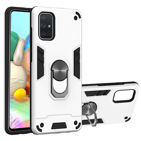 Silikon Hülle Handyhülle und Kunststoff Schutzhülle Hartschalen Tasche mit Magnetisch Fingerring Ständer S05 für Samsung Galaxy A71 5G Silber