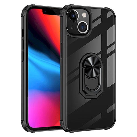 Silikon Hülle Handyhülle und Kunststoff Schutzhülle Hartschalen Tasche mit Magnetisch Fingerring Ständer S06 für Apple iPhone 13 Mini Schwarz