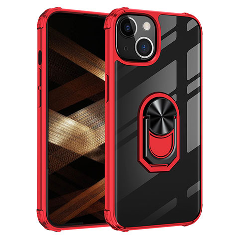 Silikon Hülle Handyhülle und Kunststoff Schutzhülle Hartschalen Tasche mit Magnetisch Fingerring Ständer S06 für Apple iPhone 15 Rot