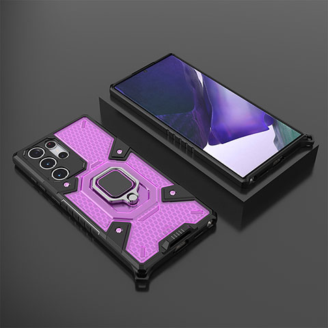 Silikon Hülle Handyhülle und Kunststoff Schutzhülle Hartschalen Tasche mit Magnetisch Fingerring Ständer S06 für Samsung Galaxy S21 Ultra 5G Violett