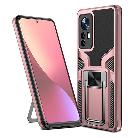 Silikon Hülle Handyhülle und Kunststoff Schutzhülle Hartschalen Tasche mit Magnetisch Fingerring Ständer S06 für Xiaomi Mi 12 Pro 5G Rosegold