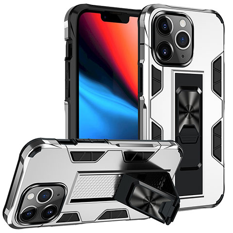 Silikon Hülle Handyhülle und Kunststoff Schutzhülle Hartschalen Tasche mit Magnetisch Fingerring Ständer S07 für Apple iPhone 13 Pro Weiß