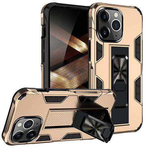 Silikon Hülle Handyhülle und Kunststoff Schutzhülle Hartschalen Tasche mit Magnetisch Fingerring Ständer S07 für Apple iPhone 14 Pro Max Gold