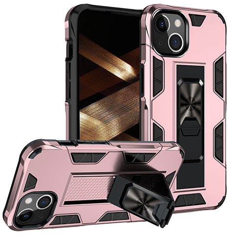 Silikon Hülle Handyhülle und Kunststoff Schutzhülle Hartschalen Tasche mit Magnetisch Fingerring Ständer S07 für Apple iPhone 15 Rosegold