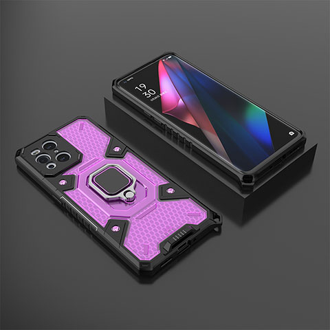 Silikon Hülle Handyhülle und Kunststoff Schutzhülle Hartschalen Tasche mit Magnetisch Fingerring Ständer S07 für Oppo Find X3 5G Violett