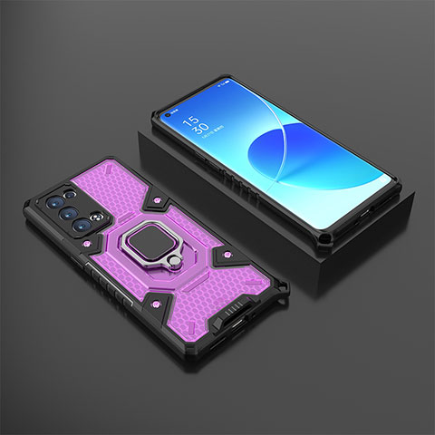 Silikon Hülle Handyhülle und Kunststoff Schutzhülle Hartschalen Tasche mit Magnetisch Fingerring Ständer S07 für Oppo Reno6 Pro 5G Violett