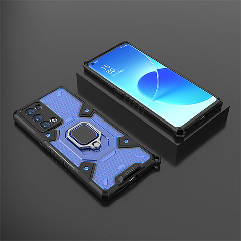 Silikon Hülle Handyhülle und Kunststoff Schutzhülle Hartschalen Tasche mit Magnetisch Fingerring Ständer S07 für Oppo Reno6 Pro+ Plus 5G Blau