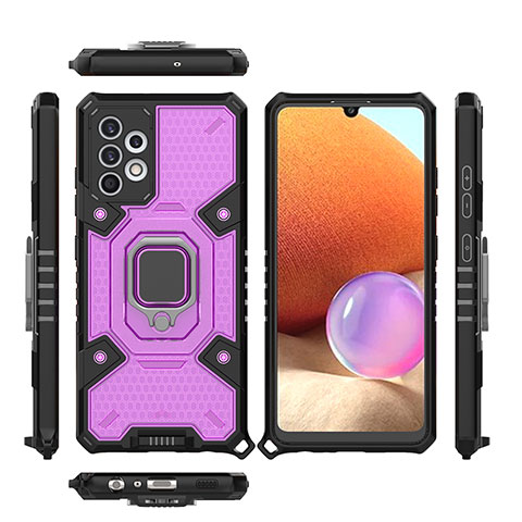 Silikon Hülle Handyhülle und Kunststoff Schutzhülle Hartschalen Tasche mit Magnetisch Fingerring Ständer S07 für Samsung Galaxy A32 4G Violett