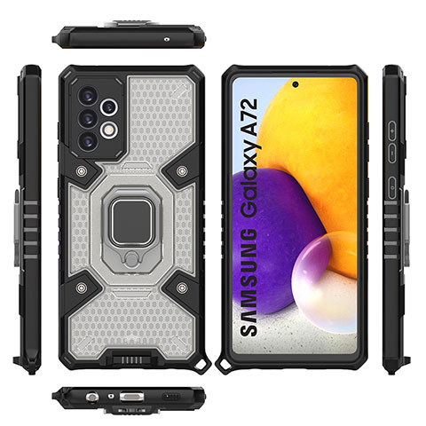 Silikon Hülle Handyhülle und Kunststoff Schutzhülle Hartschalen Tasche mit Magnetisch Fingerring Ständer S07 für Samsung Galaxy A72 4G Schwarz