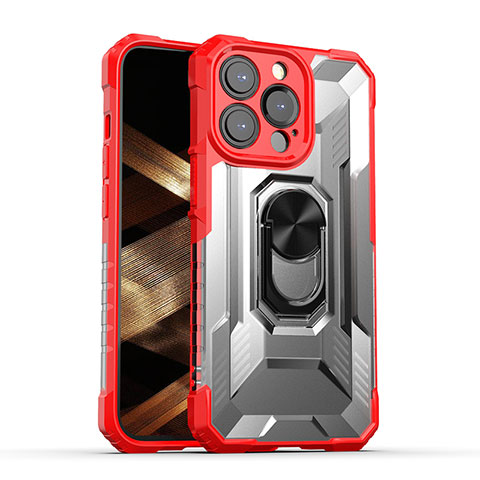 Silikon Hülle Handyhülle und Kunststoff Schutzhülle Hartschalen Tasche mit Magnetisch Fingerring Ständer S08 für Apple iPhone 15 Pro Rot