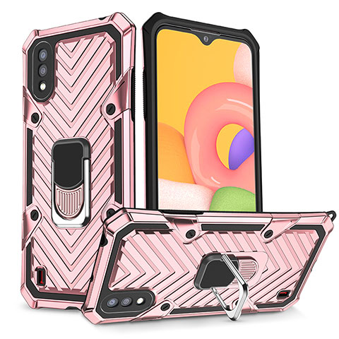 Silikon Hülle Handyhülle und Kunststoff Schutzhülle Hartschalen Tasche mit Magnetisch Fingerring Ständer S08 für Samsung Galaxy A01 SM-A015 Rosegold