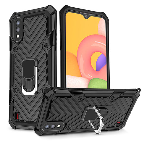 Silikon Hülle Handyhülle und Kunststoff Schutzhülle Hartschalen Tasche mit Magnetisch Fingerring Ständer S08 für Samsung Galaxy A01 SM-A015 Schwarz