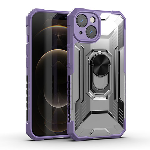 Silikon Hülle Handyhülle und Kunststoff Schutzhülle Hartschalen Tasche mit Magnetisch Fingerring Ständer S09 für Apple iPhone 14 Violett