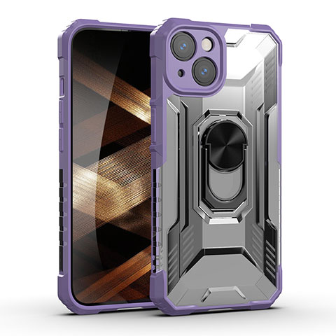 Silikon Hülle Handyhülle und Kunststoff Schutzhülle Hartschalen Tasche mit Magnetisch Fingerring Ständer S09 für Apple iPhone 15 Violett