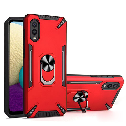 Silikon Hülle Handyhülle und Kunststoff Schutzhülle Hartschalen Tasche mit Magnetisch Fingerring Ständer T01 für Samsung Galaxy A02 Rot