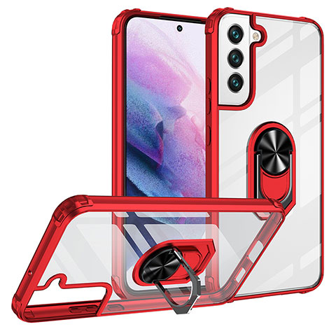 Silikon Hülle Handyhülle und Kunststoff Schutzhülle Hartschalen Tasche mit Magnetisch Fingerring Ständer T01 für Samsung Galaxy S21 5G Rot