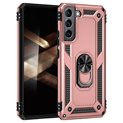 Silikon Hülle Handyhülle und Kunststoff Schutzhülle Hartschalen Tasche mit Magnetisch Fingerring Ständer T02 für Samsung Galaxy S24 5G Rosegold