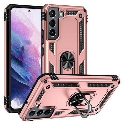 Silikon Hülle Handyhülle und Kunststoff Schutzhülle Hartschalen Tasche mit Magnetisch Fingerring Ständer T03 für Samsung Galaxy S21 5G Rosegold