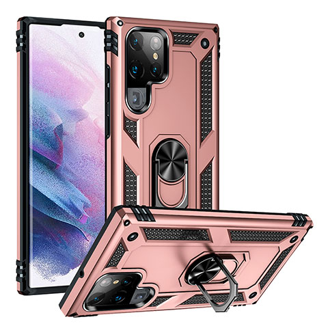 Silikon Hülle Handyhülle und Kunststoff Schutzhülle Hartschalen Tasche mit Magnetisch Fingerring Ständer T03 für Samsung Galaxy S22 Ultra 5G Rosegold