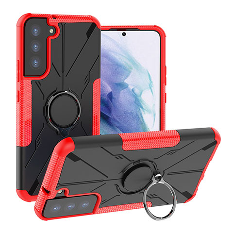 Silikon Hülle Handyhülle und Kunststoff Schutzhülle Hartschalen Tasche mit Magnetisch Fingerring Ständer T08 für Samsung Galaxy S21 5G Rot