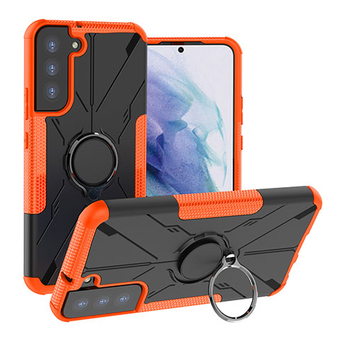 Silikon Hülle Handyhülle und Kunststoff Schutzhülle Hartschalen Tasche mit Magnetisch Fingerring Ständer T08 für Samsung Galaxy S21 FE 5G Orange