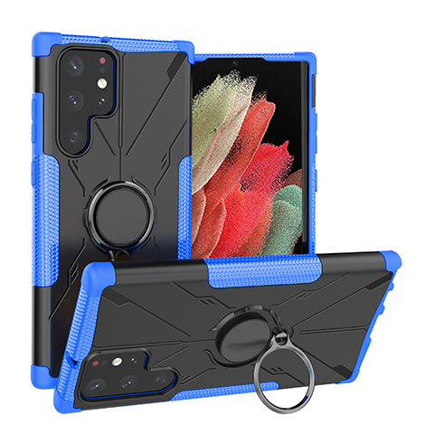 Silikon Hülle Handyhülle und Kunststoff Schutzhülle Hartschalen Tasche mit Magnetisch Fingerring Ständer T08 für Samsung Galaxy S21 Ultra 5G Blau