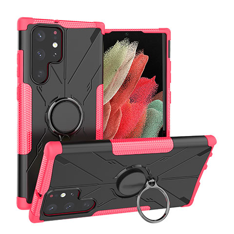 Silikon Hülle Handyhülle und Kunststoff Schutzhülle Hartschalen Tasche mit Magnetisch Fingerring Ständer T08 für Samsung Galaxy S21 Ultra 5G Pink