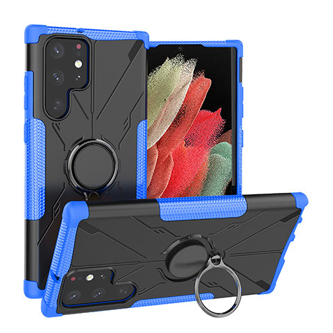 Silikon Hülle Handyhülle und Kunststoff Schutzhülle Hartschalen Tasche mit Magnetisch Fingerring Ständer T08 für Samsung Galaxy S22 Ultra 5G Blau