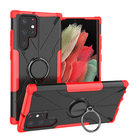 Silikon Hülle Handyhülle und Kunststoff Schutzhülle Hartschalen Tasche mit Magnetisch Fingerring Ständer T08 für Samsung Galaxy S23 Ultra 5G Rot