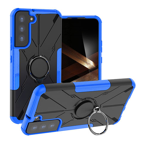 Silikon Hülle Handyhülle und Kunststoff Schutzhülle Hartschalen Tasche mit Magnetisch Fingerring Ständer T08 für Samsung Galaxy S24 Plus 5G Blau