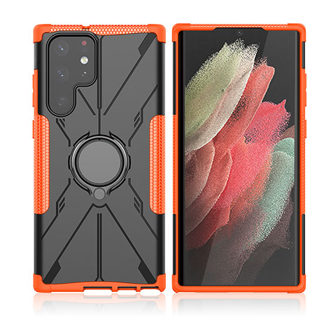 Silikon Hülle Handyhülle und Kunststoff Schutzhülle Hartschalen Tasche mit Magnetisch Fingerring Ständer T09 für Samsung Galaxy S21 Ultra 5G Orange