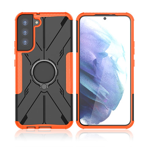 Silikon Hülle Handyhülle und Kunststoff Schutzhülle Hartschalen Tasche mit Magnetisch Fingerring Ständer T09 für Samsung Galaxy S22 5G Orange