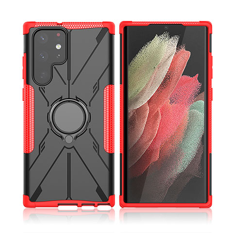 Silikon Hülle Handyhülle und Kunststoff Schutzhülle Hartschalen Tasche mit Magnetisch Fingerring Ständer T09 für Samsung Galaxy S23 Ultra 5G Rot