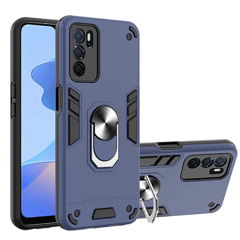 Silikon Hülle Handyhülle und Kunststoff Schutzhülle Hartschalen Tasche mit Magnetisch Fingerring Ständer Y01B für Oppo A16 Blau