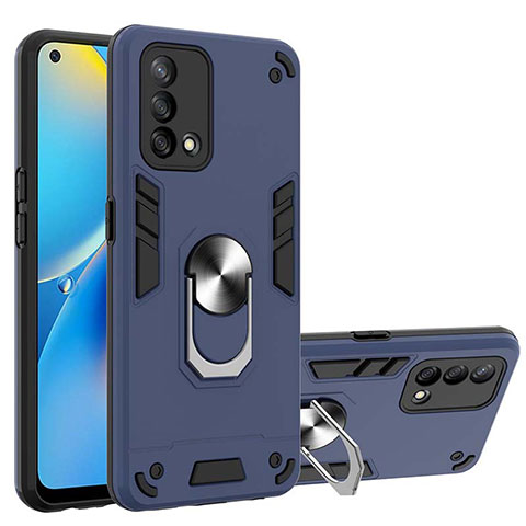 Silikon Hülle Handyhülle und Kunststoff Schutzhülle Hartschalen Tasche mit Magnetisch Fingerring Ständer Y01B für Oppo A74 4G Blau