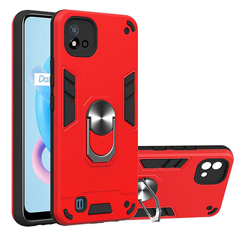 Silikon Hülle Handyhülle und Kunststoff Schutzhülle Hartschalen Tasche mit Magnetisch Fingerring Ständer Y01B für Realme C11 (2021) Rot