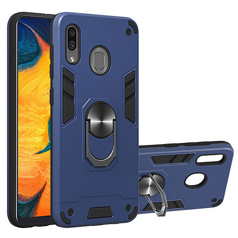 Silikon Hülle Handyhülle und Kunststoff Schutzhülle Hartschalen Tasche mit Magnetisch Fingerring Ständer Y01B für Samsung Galaxy A20 Blau