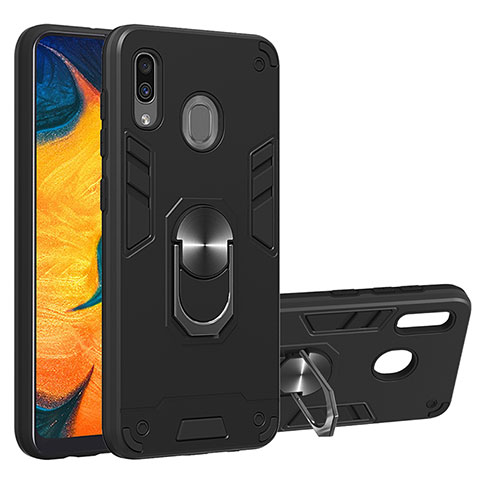 Silikon Hülle Handyhülle und Kunststoff Schutzhülle Hartschalen Tasche mit Magnetisch Fingerring Ständer Y01B für Samsung Galaxy A20 Schwarz