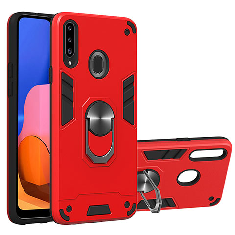 Silikon Hülle Handyhülle und Kunststoff Schutzhülle Hartschalen Tasche mit Magnetisch Fingerring Ständer Y01B für Samsung Galaxy A20s Rot