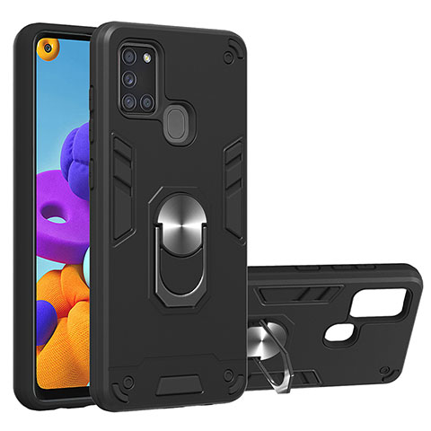 Silikon Hülle Handyhülle und Kunststoff Schutzhülle Hartschalen Tasche mit Magnetisch Fingerring Ständer Y01B für Samsung Galaxy A21s Schwarz