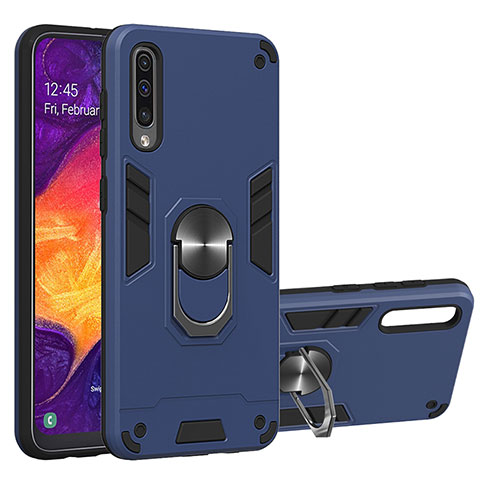 Silikon Hülle Handyhülle und Kunststoff Schutzhülle Hartschalen Tasche mit Magnetisch Fingerring Ständer Y01B für Samsung Galaxy A30S Blau