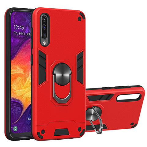 Silikon Hülle Handyhülle und Kunststoff Schutzhülle Hartschalen Tasche mit Magnetisch Fingerring Ständer Y01B für Samsung Galaxy A30S Rot