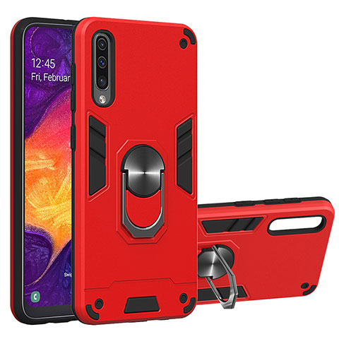 Silikon Hülle Handyhülle und Kunststoff Schutzhülle Hartschalen Tasche mit Magnetisch Fingerring Ständer Y01B für Samsung Galaxy A50S Rot