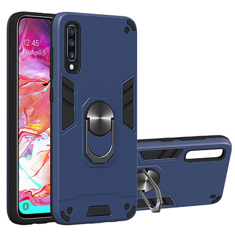 Silikon Hülle Handyhülle und Kunststoff Schutzhülle Hartschalen Tasche mit Magnetisch Fingerring Ständer Y01B für Samsung Galaxy A70 Blau