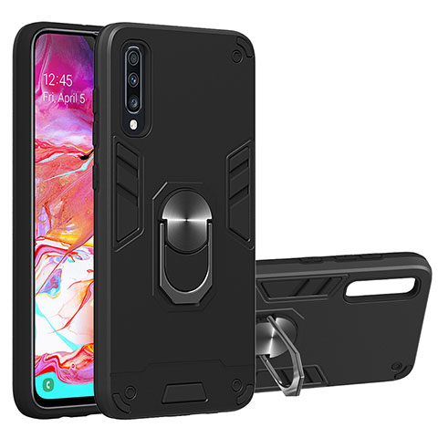 Silikon Hülle Handyhülle und Kunststoff Schutzhülle Hartschalen Tasche mit Magnetisch Fingerring Ständer Y01B für Samsung Galaxy A70 Schwarz