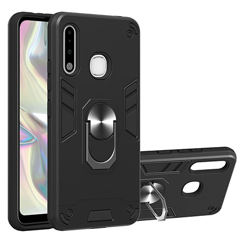 Silikon Hülle Handyhülle und Kunststoff Schutzhülle Hartschalen Tasche mit Magnetisch Fingerring Ständer Y01B für Samsung Galaxy A70E Schwarz