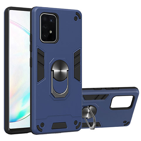 Silikon Hülle Handyhülle und Kunststoff Schutzhülle Hartschalen Tasche mit Magnetisch Fingerring Ständer Y01B für Samsung Galaxy A91 Blau