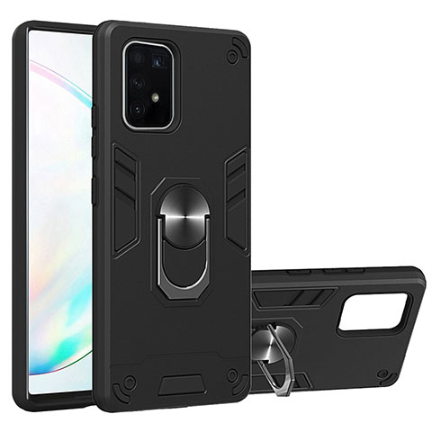 Silikon Hülle Handyhülle und Kunststoff Schutzhülle Hartschalen Tasche mit Magnetisch Fingerring Ständer Y01B für Samsung Galaxy S10 Lite Schwarz